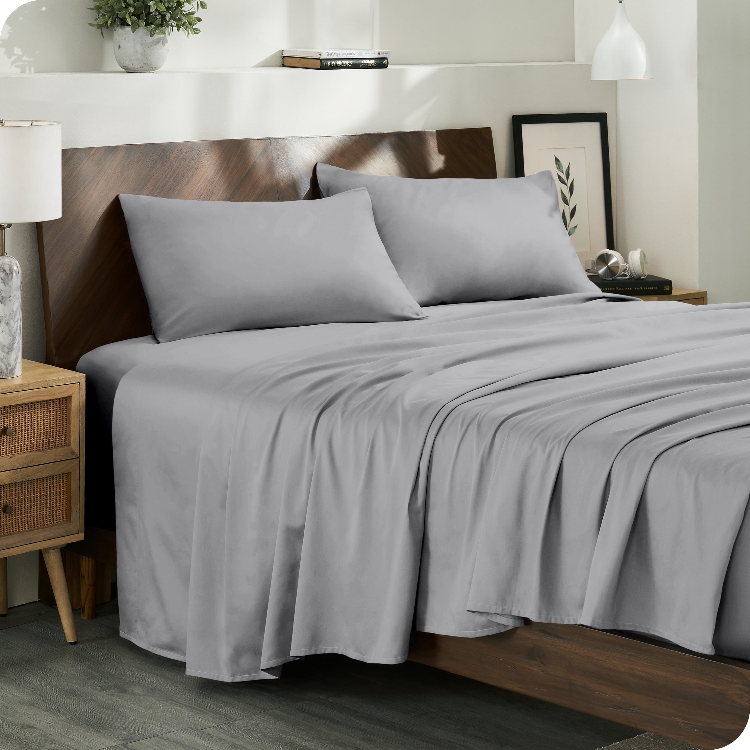 Organic Cotton Sateen Light Grey Split King Bed Sheet Set