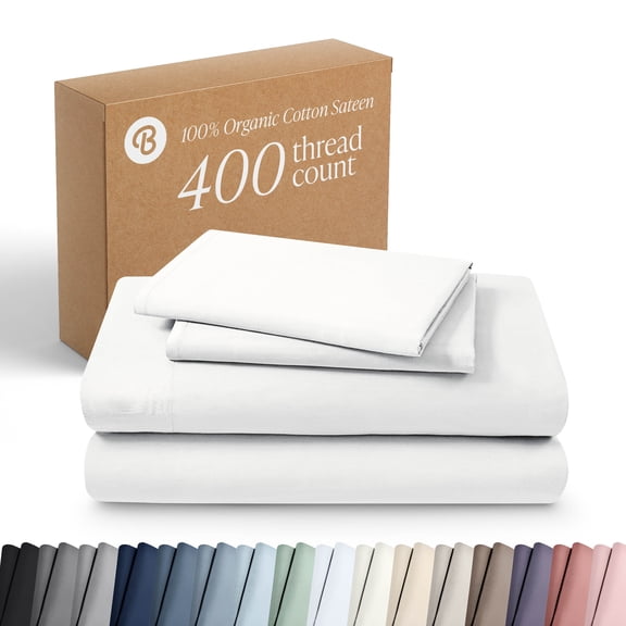 Bare Home Organic Sateen Sheet Set - 400 Thread Count - 100% Organic Cotton - 5 Piece - Split King, White