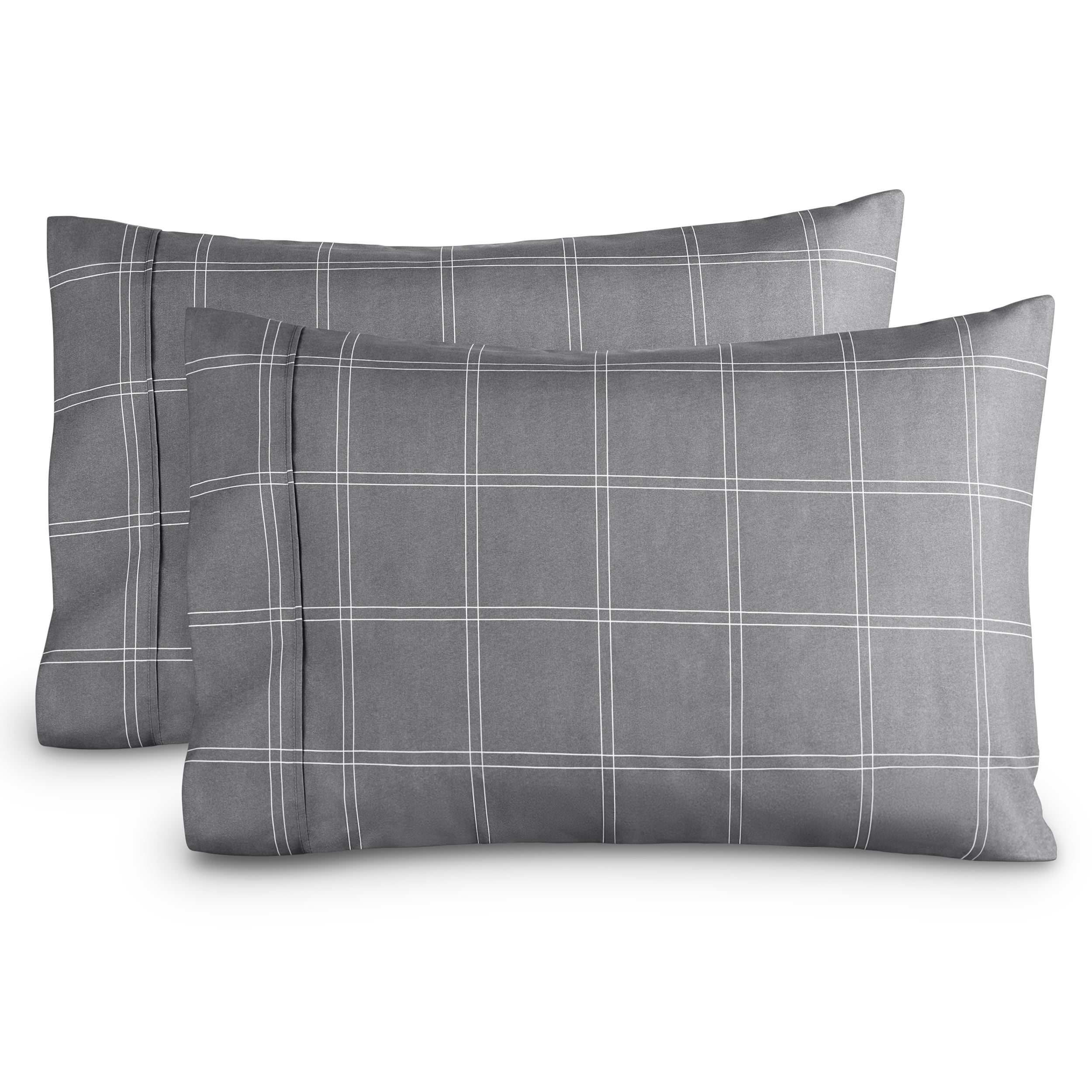 King Size Gray and White Plaid Microfiber Pillowcase Set