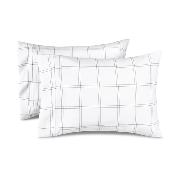 Bare Home Pillowcase Set - Premium 1800 Collection - Double Brushed - Ultra Soft - King Size, Modern Plaid - White/Gray, 2 Count