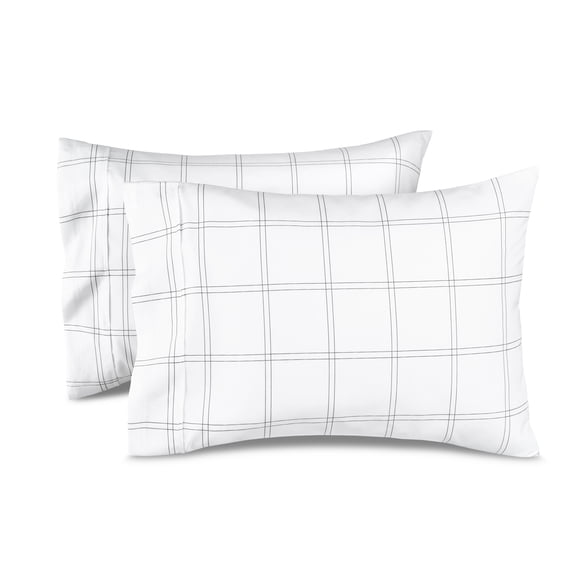 Bare Home Pillowcase Set - Premium 1800 Collection - Double Brushed - Ultra Soft - King Size, Modern Plaid - White/Gray, 2 Count