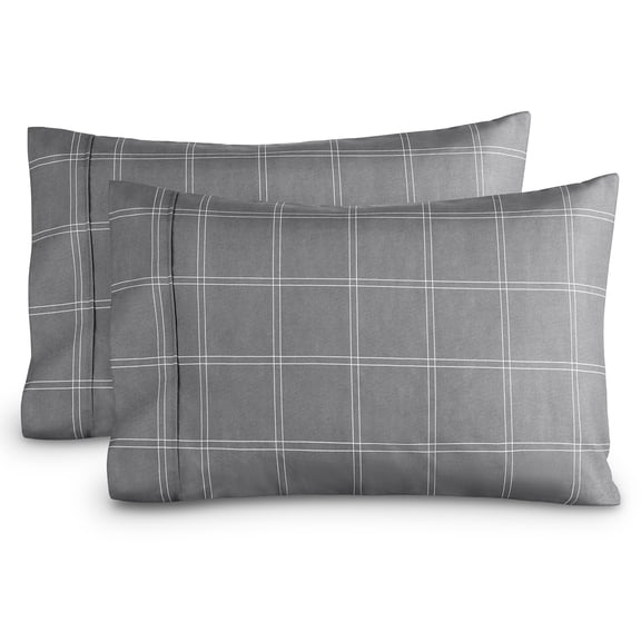 Bare Home Pillowcase Set - Premium 1800 Collection - Double Brushed - Ultra Soft - Standard Size, Modern Plaid - Gray/White, 2 Count