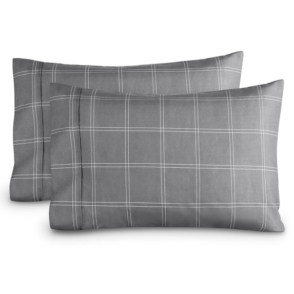 Bare Home Pillowcase Set - Premium 1800 Collection - Double Brushed - Ultra Soft - Standard Size, Modern Plaid - Gray/White, 2 Count