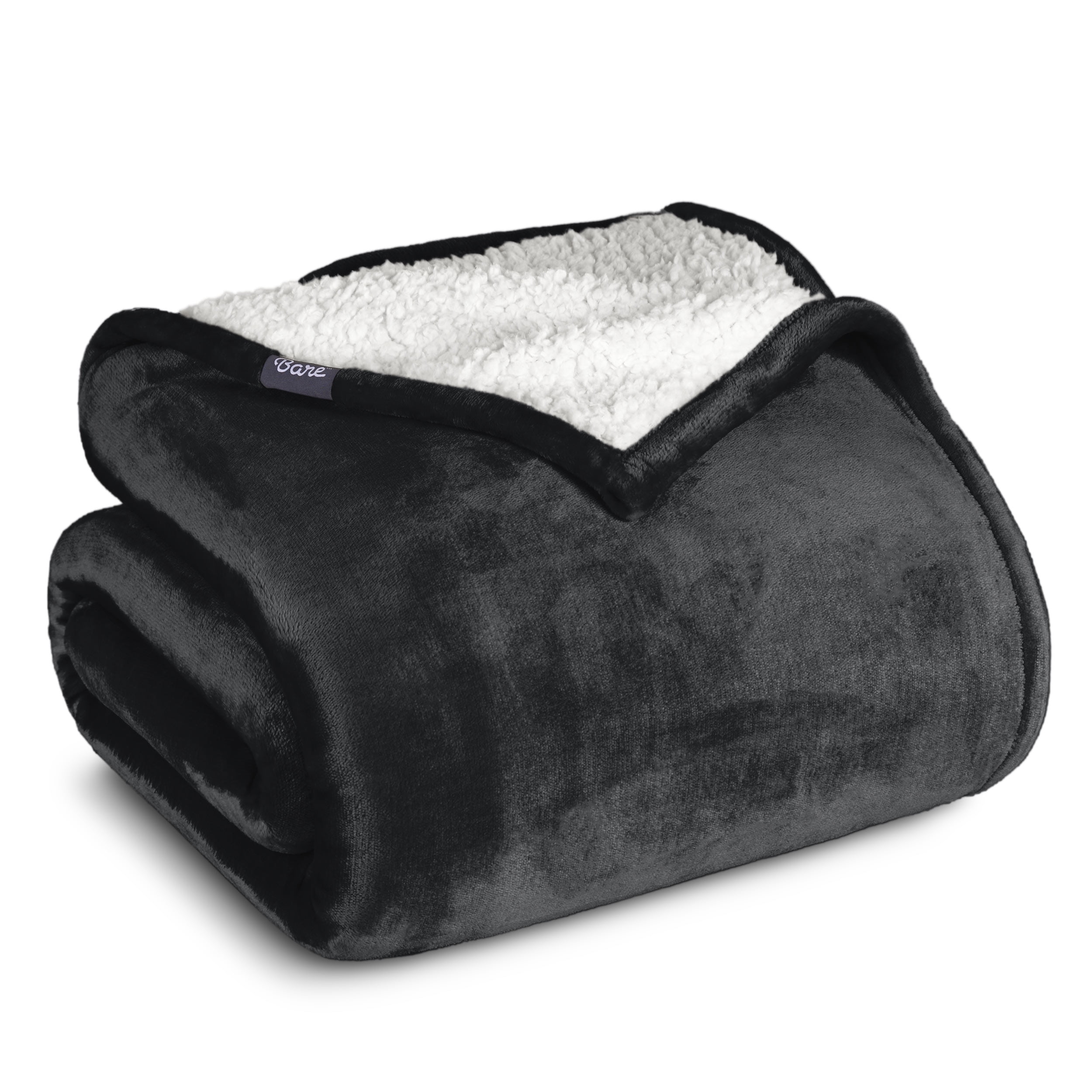 Bare Home Plush Sherpa Bed Blanket - Fluffy & Soft - Reversible - Lightweight - Full/Queen, Black