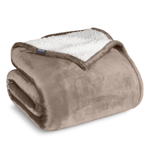 Bare Home Plush Sherpa Bed Blanket - Fluffy & Soft - Reversible - Lightweight - Full/Queen, Taupe