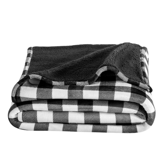 Bare Home Plush Sherpa Bed Blanket - Fluffy & Soft - Reversible - Lightweight - King, Buffalo Plaid - White/Black