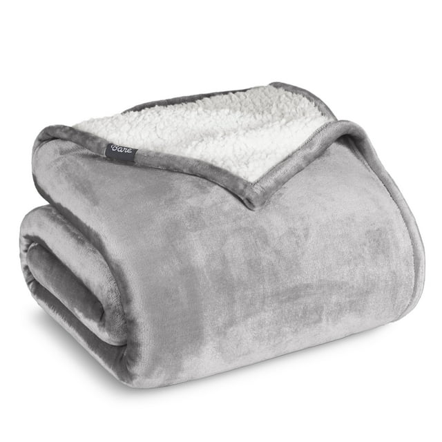 Bare Home Plush Sherpa Bed Blanket - Fluffy & Soft - Reversible - Lightweight - King, Light Gray