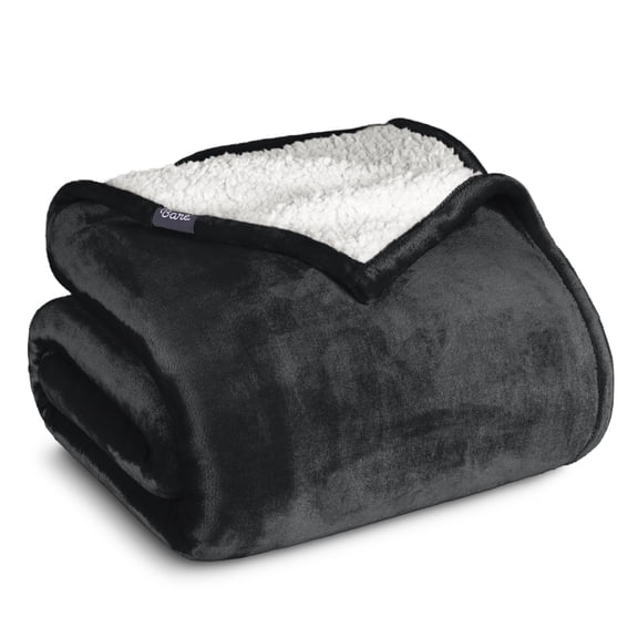 Bare Home Plush Sherpa Bed Blanket - Fluffy & Soft - Reversible - Lightweight - Throw/Travel, Black