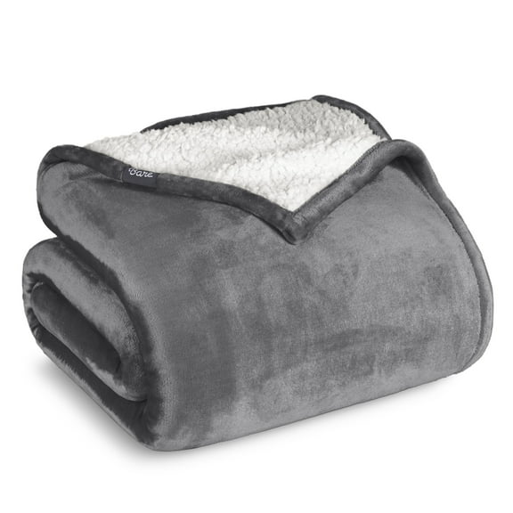 Bare Home Plush Sherpa Bed Blanket - Fluffy & Soft - Reversible - Lightweight - Throw/Travel, Gray