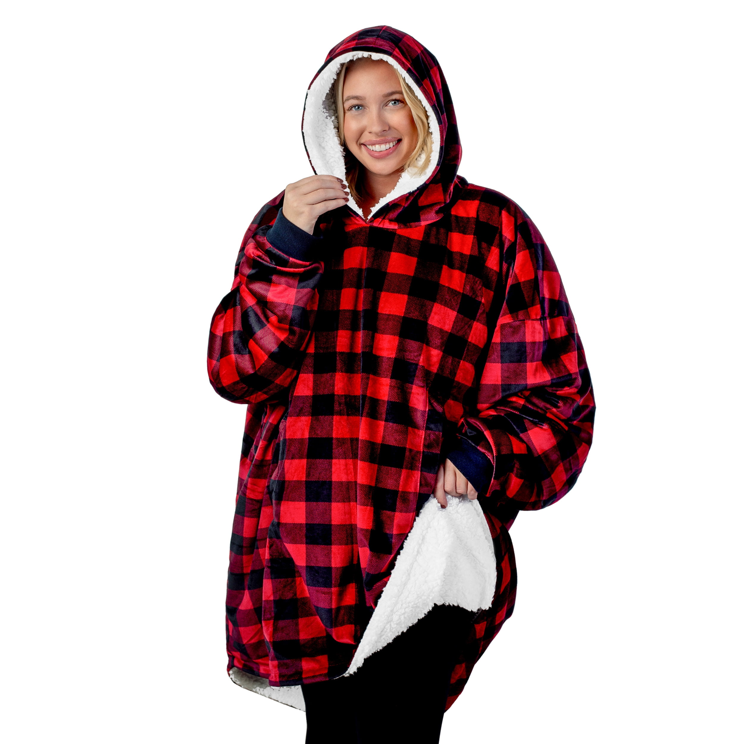 Bare Home Plush Sherpa Wearable Blanket Fluffy & Soft Lightweight Youth, Buffalo Plaid