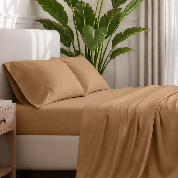 Bare Home Premium 1800 Collection 4-Piece Bed Sheet Set, Queen, Caramel