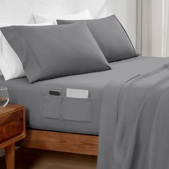 Bare Home Premium 1800 Collection Dual Pocket 4-Piece Bed Sheet Set, California King, Gray