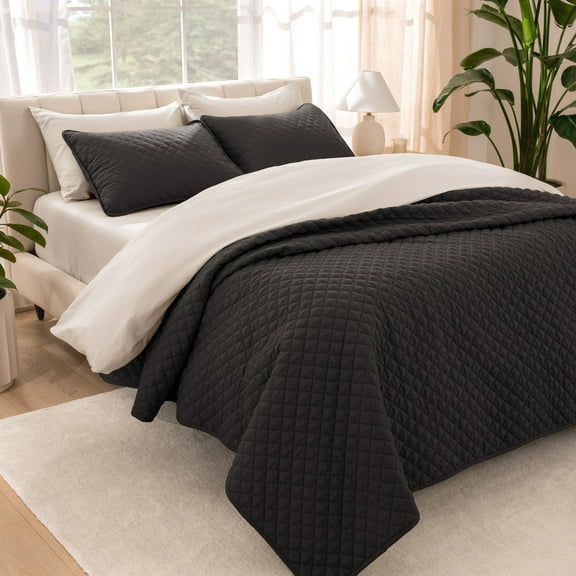 Bare Home Quilt Set - 2 Piece - Diamond Stitched Bedspread Coverlet - Twin/Twin XL, Black