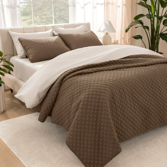 Bare Home Quilt Set - 2 Piece - Diamond Stitched Bedspread Coverlet - Twin/Twin XL, Cocoa