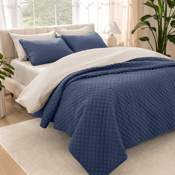 Bare Home Quilt Set - 2 Piece - Diamond Stitched Bedspread Coverlet - Twin/Twin XL, Dark Blue