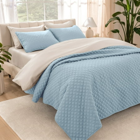 Bare Home Quilt Set - 2 Piece - Diamond Stitched Bedspread Coverlet - Twin/Twin XL, Light Blue