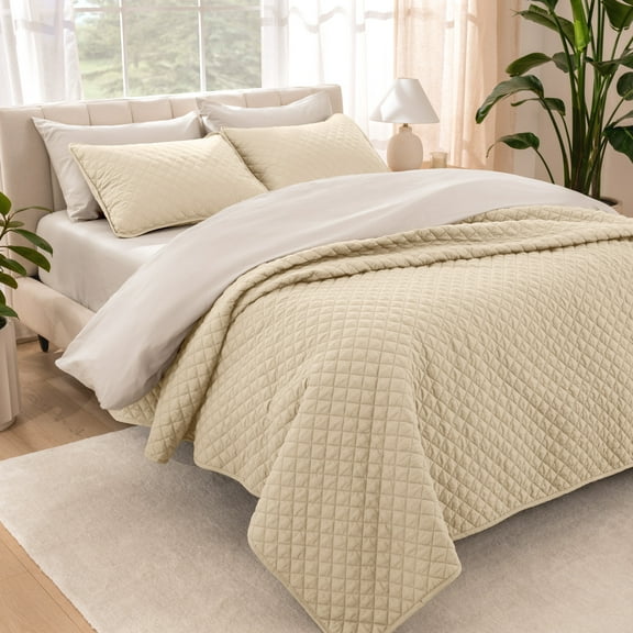 Bare Home Quilt Set - 2 Piece - Diamond Stitched Bedspread Coverlet - Twin/Twin XL, Sand