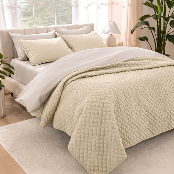 Bare Home Quilt Set - 2 Piece - Diamond Stitched Bedspread Coverlet - Twin/Twin XL, Sand