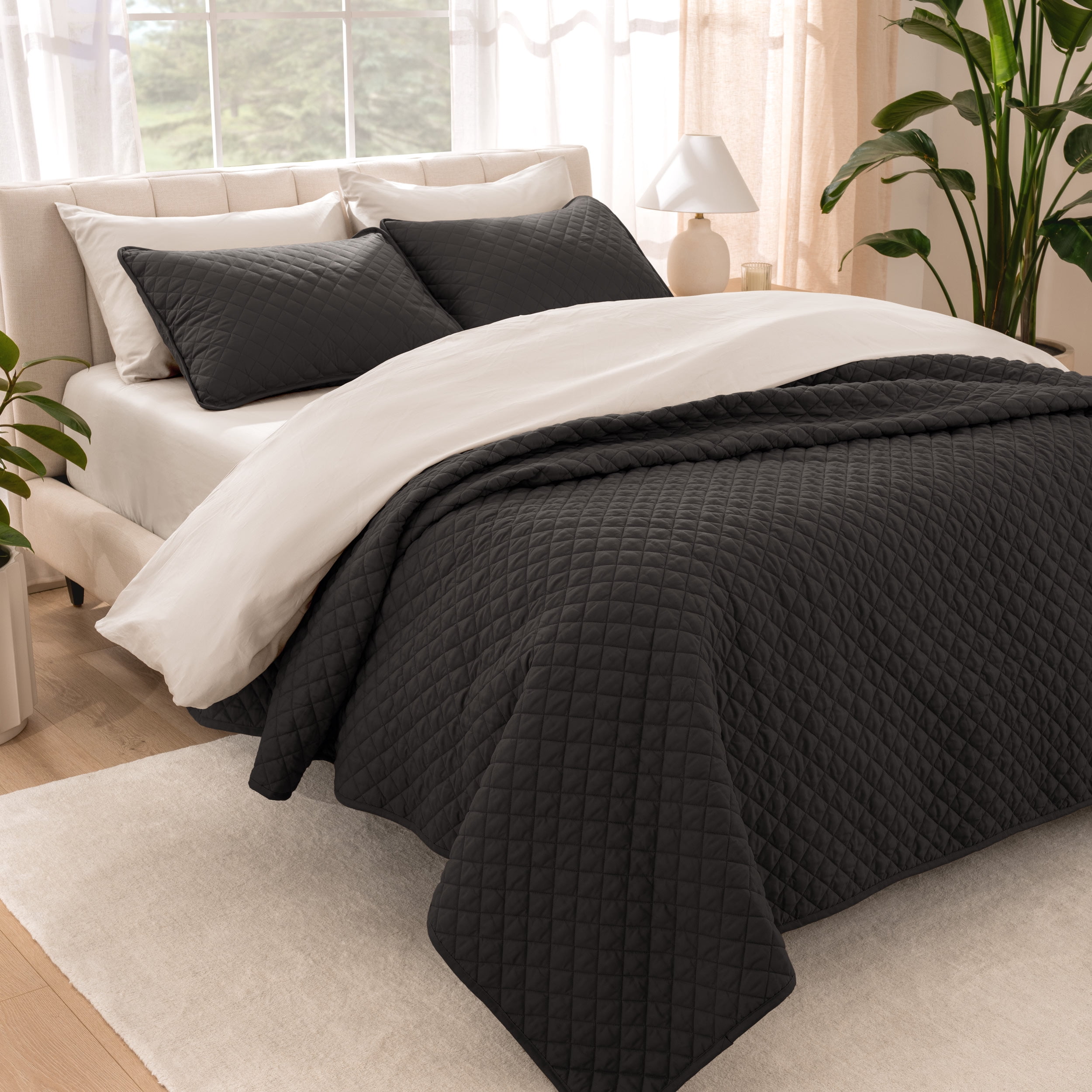Bare Home Quilt Set - 3 Piece - Diamond Stitched Bedspread Coverlet - King, Black