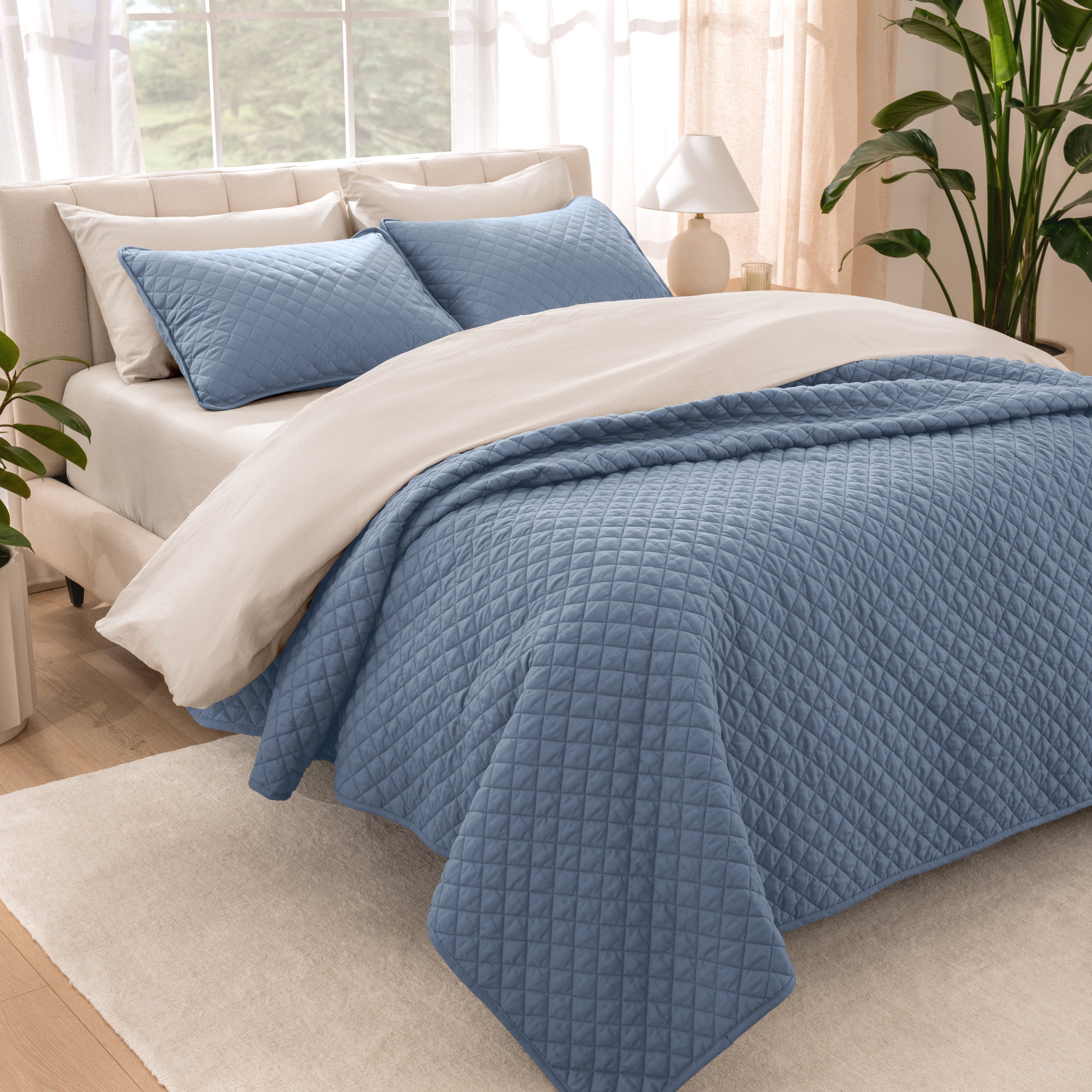 Bare Home Quilt Set - 3 Piece - Diamond Stitched Bedspread Coverlet - King, Coronet Blue