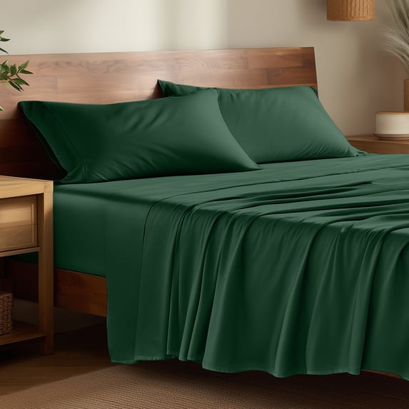Bare Home Bamboo Sheet Set - Made from Rayon Fibers - Deep Pockets - 4 Piece - Split Head Flex King, Forest Green