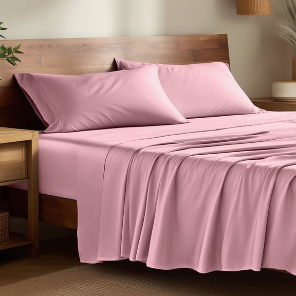 Bare Home Bamboo Sheet Set - Made from Rayon Fibers - Deep Pockets - 4 Piece - Split Head Flex King, Light Pink