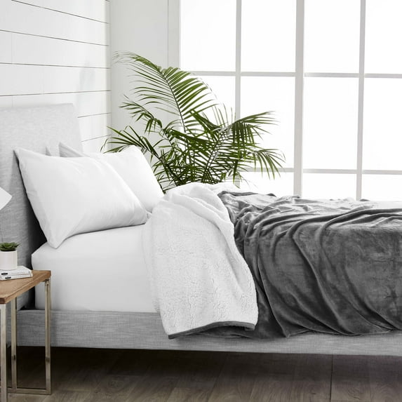 Bare Home Reversible Sherpa to Plush Bed Blanket (Full/Queen, Gray)
