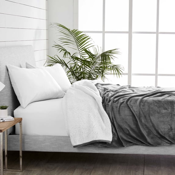 Bare Home Reversible Sherpa to Plush Bed Blanket (King, Gray)