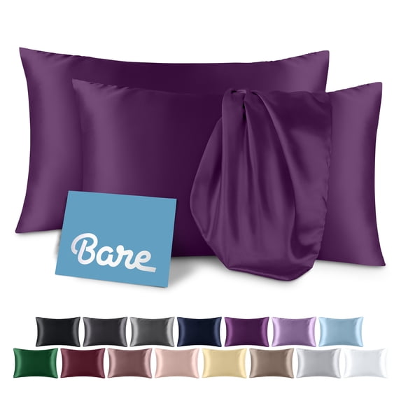 Bare Home Satin Pillowcase Set of 2 - Silky Soft for Hair and Skin - Envelope Closure - Standard, Plum
