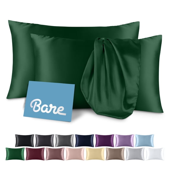 Bare Home Satin Pillowcase Set of 2 - Silky Soft for Hair and Skin - Zipper Closure - Standard, Forest Green