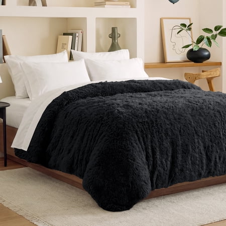 Bare Home Shaggy Faux Fur Duvet Cover - Ultra Soft - Fluffy Crystal Velvet - Queen, Black