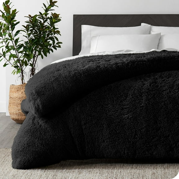 Bare Home Shaggy Faux Fur Duvet Cover - Ultra Soft - Fluffy Crystal Velvet - Queen, Black