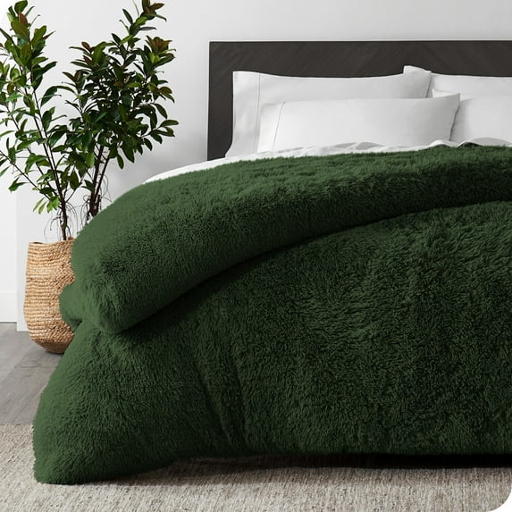 Bare Home Shaggy Faux Fur Duvet Cover - Ultra Soft - Fluffy Crystal Velvet - Queen, Forest Green
