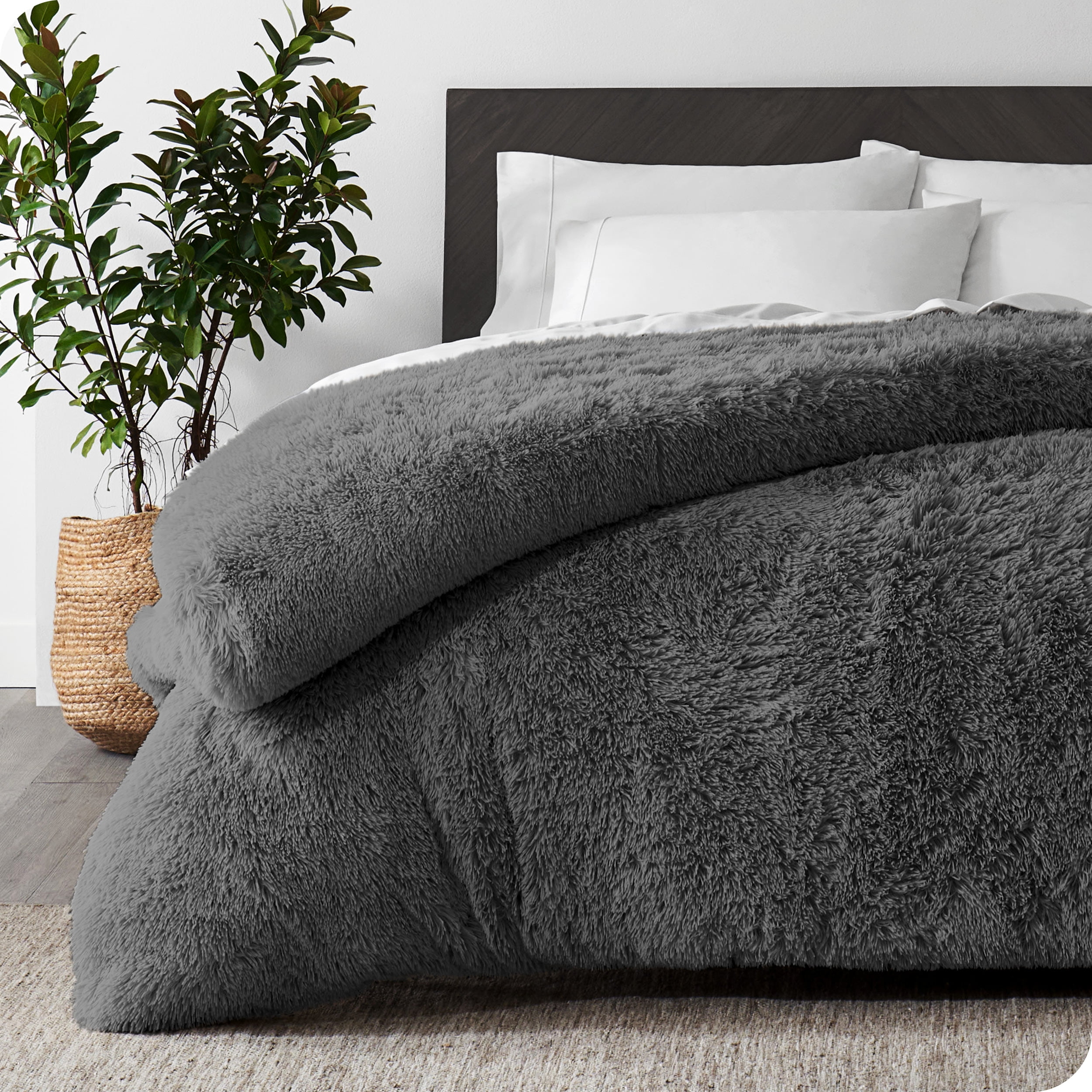 Gray Queen Shaggy Faux Fur Plush Duvet Cover