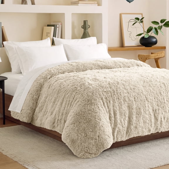 Bare Home Shaggy Faux Fur Duvet Cover - Ultra Soft - Fluffy Crystal Velvet - Queen, Sand