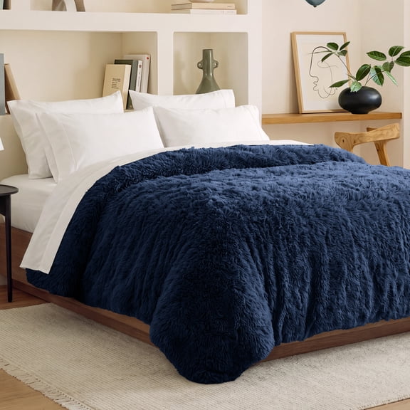 Bare Home Shaggy Faux Fur Duvet Cover - Ultra Soft - Fluffy Crystal Velvet - Twin/Twin XL, Dark Blue