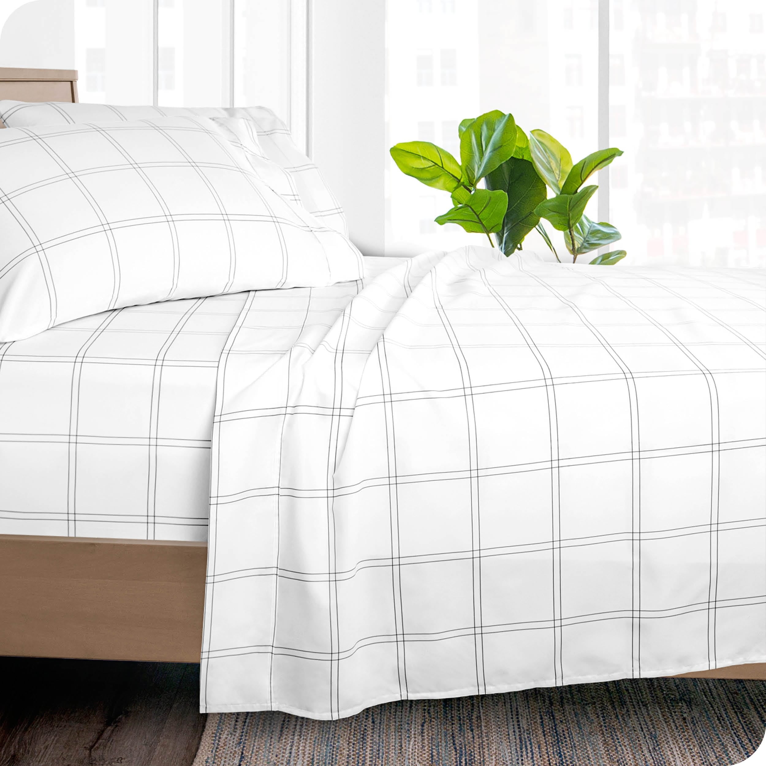 Modern Plaid White and Gray Microfiber Twin XL Flat Sheet