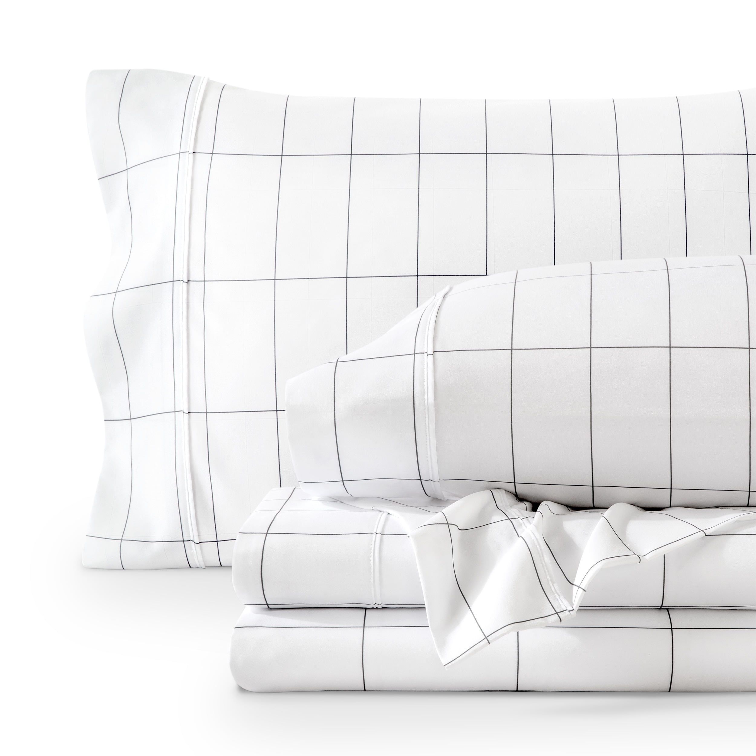 Twin White and Gray Grid Microfiber Deep Pocket Sheet Set