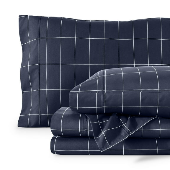 Bare Home Ultra-Soft Sheet Set - Premium 1800 Collection - Deep Pockets - 3-Pieces - Twin XL, Grid - Midnight/White