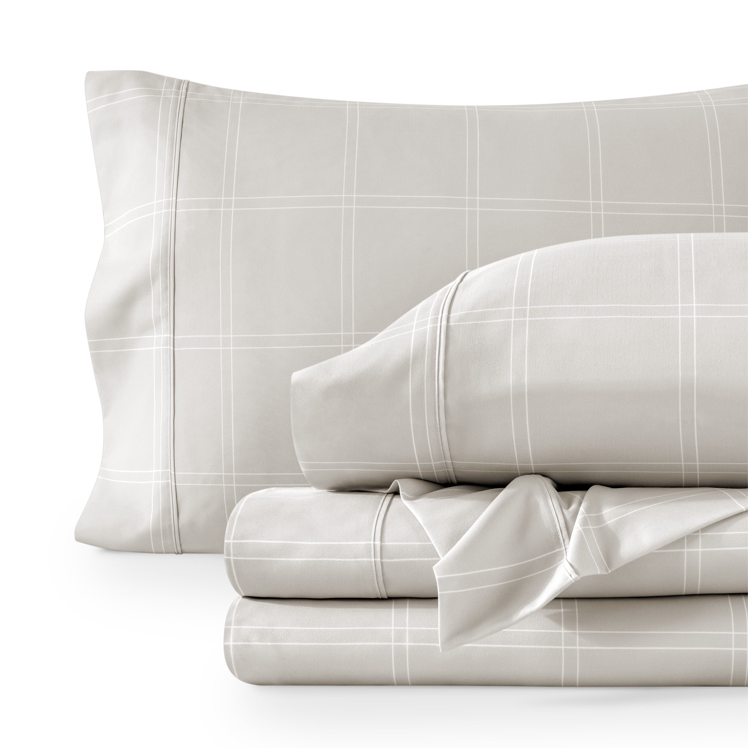 Twin XL Stone and White Plaid Microfiber Sheet Set