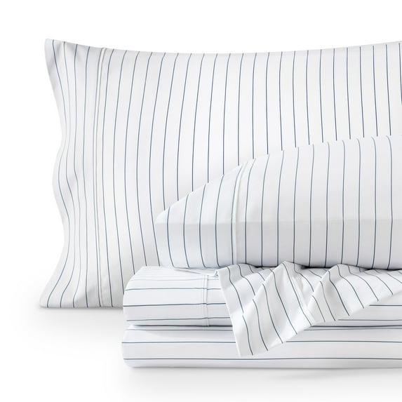 Bare Home Ultra-Soft Sheet Set - Premium 1800 Collection - Deep Pockets - 3-Pieces - Twin XL, Pinstripe - White/Marine