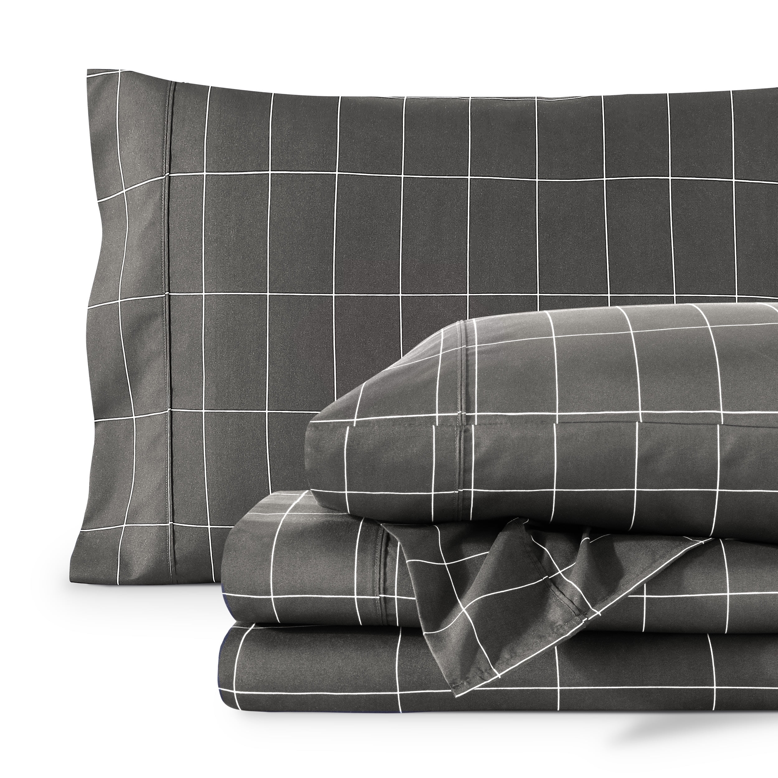 California King Grey and White Grid Pattern Microfiber Sheet Set
