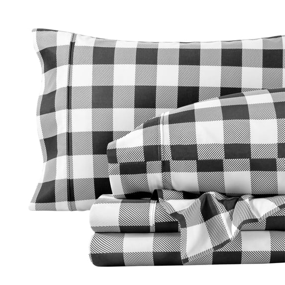 Bare Home Ultra-Soft Sheet Set - Premium 1800 Collection - Deep Pockets - 4-Pieces - King, Buffalo Plaid - White/Black
