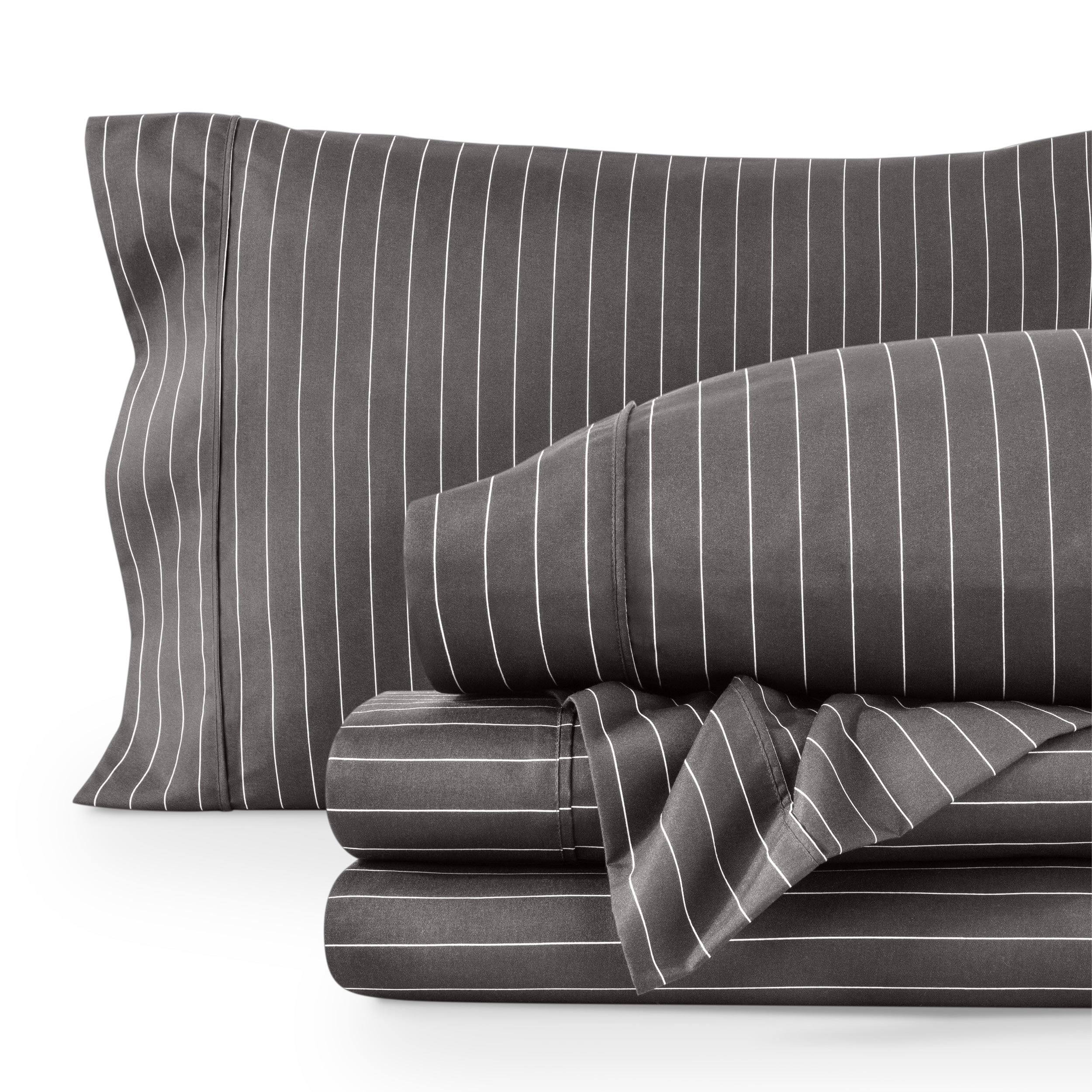King Pinstripe Grey/White Microfiber Deep Pocket Sheet Set