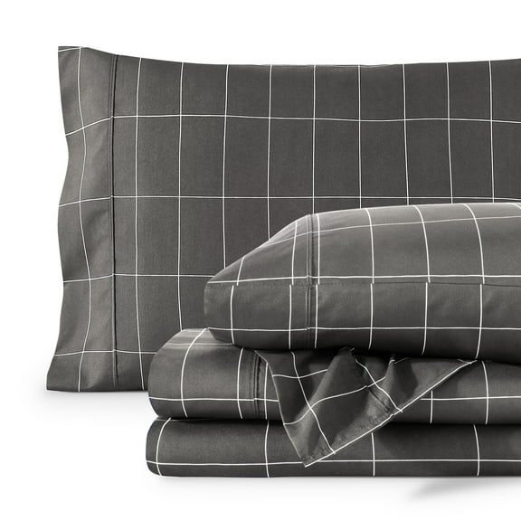 Bare Home Ultra-Soft Sheet Set - Premium 1800 Collection - Deep Pockets - 4-Pieces - Queen, Grid - Gray/White