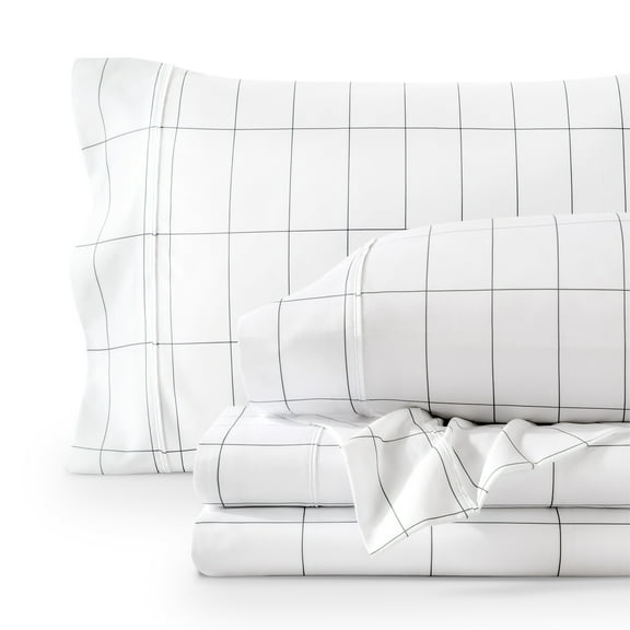 Bare Home Ultra-Soft Sheet Set - Premium 1800 Collection - Deep Pockets - 4-Pieces - Queen, Grid - White/Gray