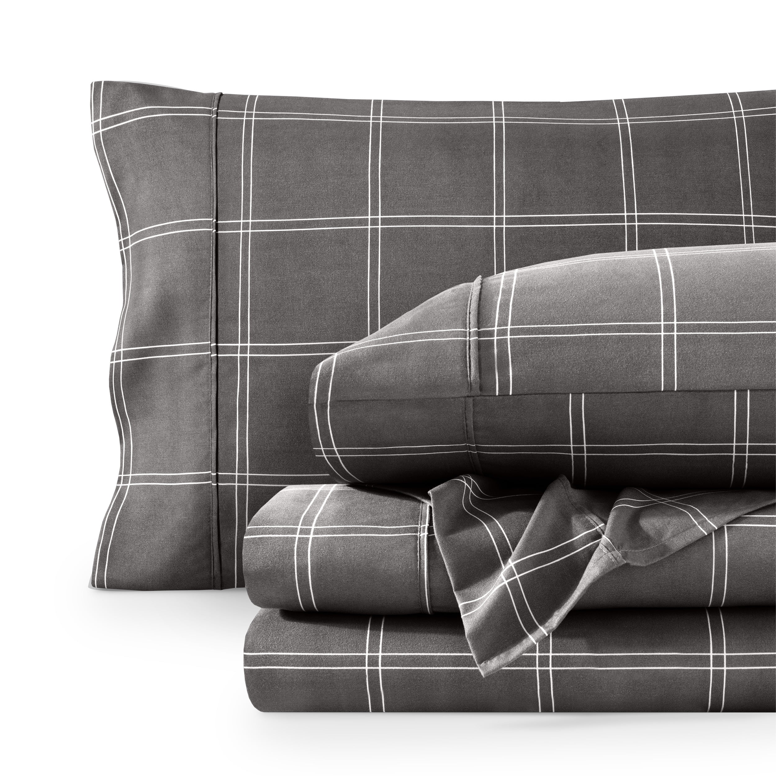Queen Modern Plaid Grey/White Microfiber Deep Pocket Sheet Set
