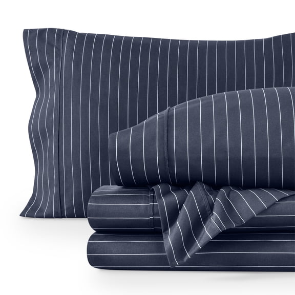 Bare Home Ultra-Soft Sheet Set - Premium 1800 Collection - Deep Pockets - 4-Pieces - Queen, Pinstripe - Midnight/White