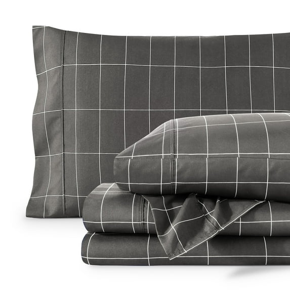 Bare Home Ultra-Soft Sheet Set - Premium 1800 Collection - Deep Pockets - 5-Pieces - Split King, Grid - Gray/White