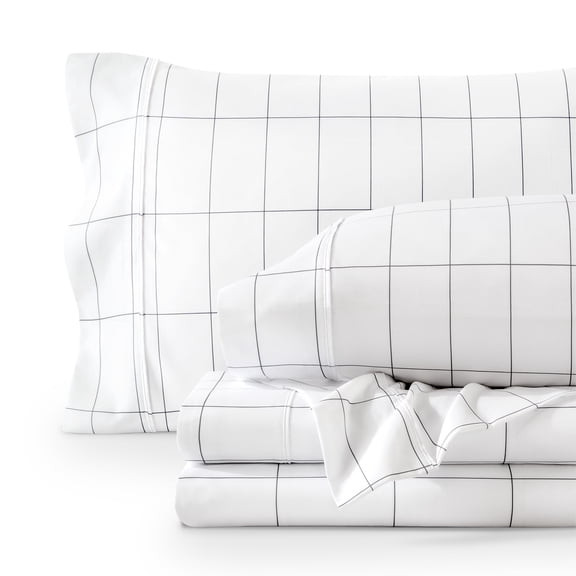 Bare Home Ultra-Soft Sheet Set - Premium 1800 Collection - Deep Pockets - 5-Pieces - Split King, Grid - White/Gray